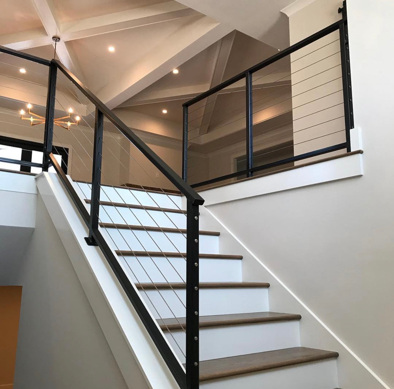 Angled Cable Stair Railing – Modern Sloped Stair Banister with Stainless Steel Cable Metal Craft