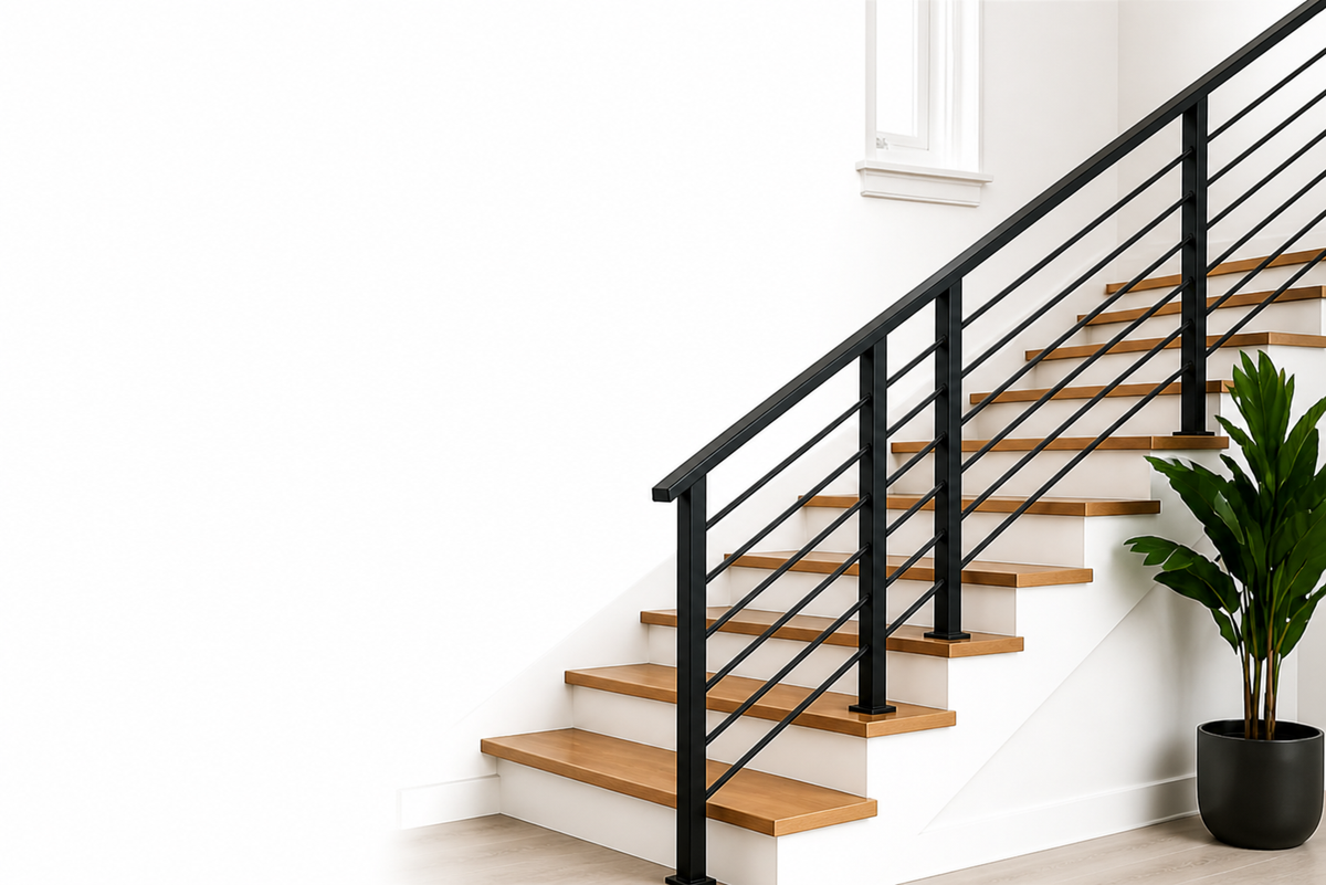 Modern staircase with black metal railing and wooden steps in a clean white interior