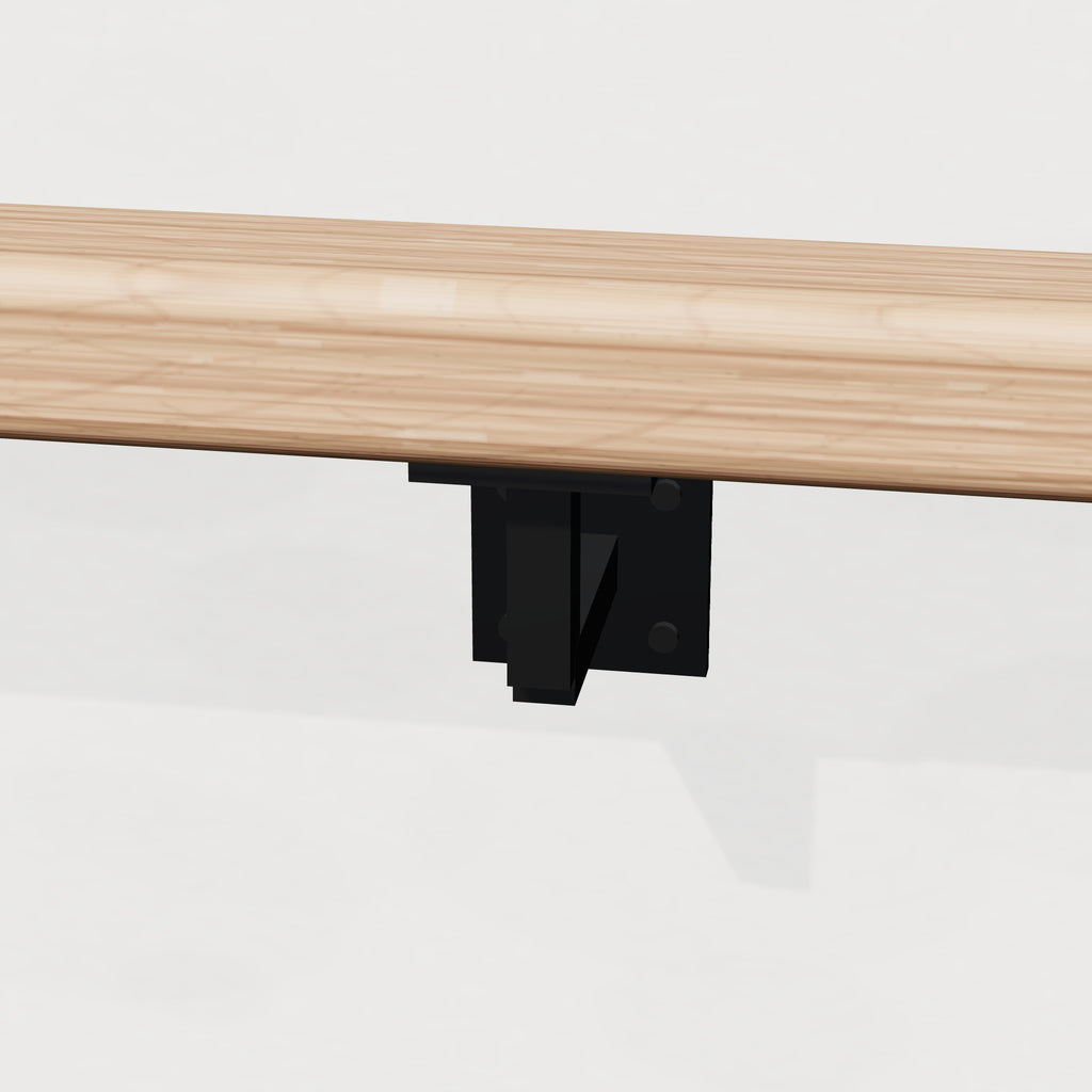 Close-up of black steel handrail bracket under white oak rail