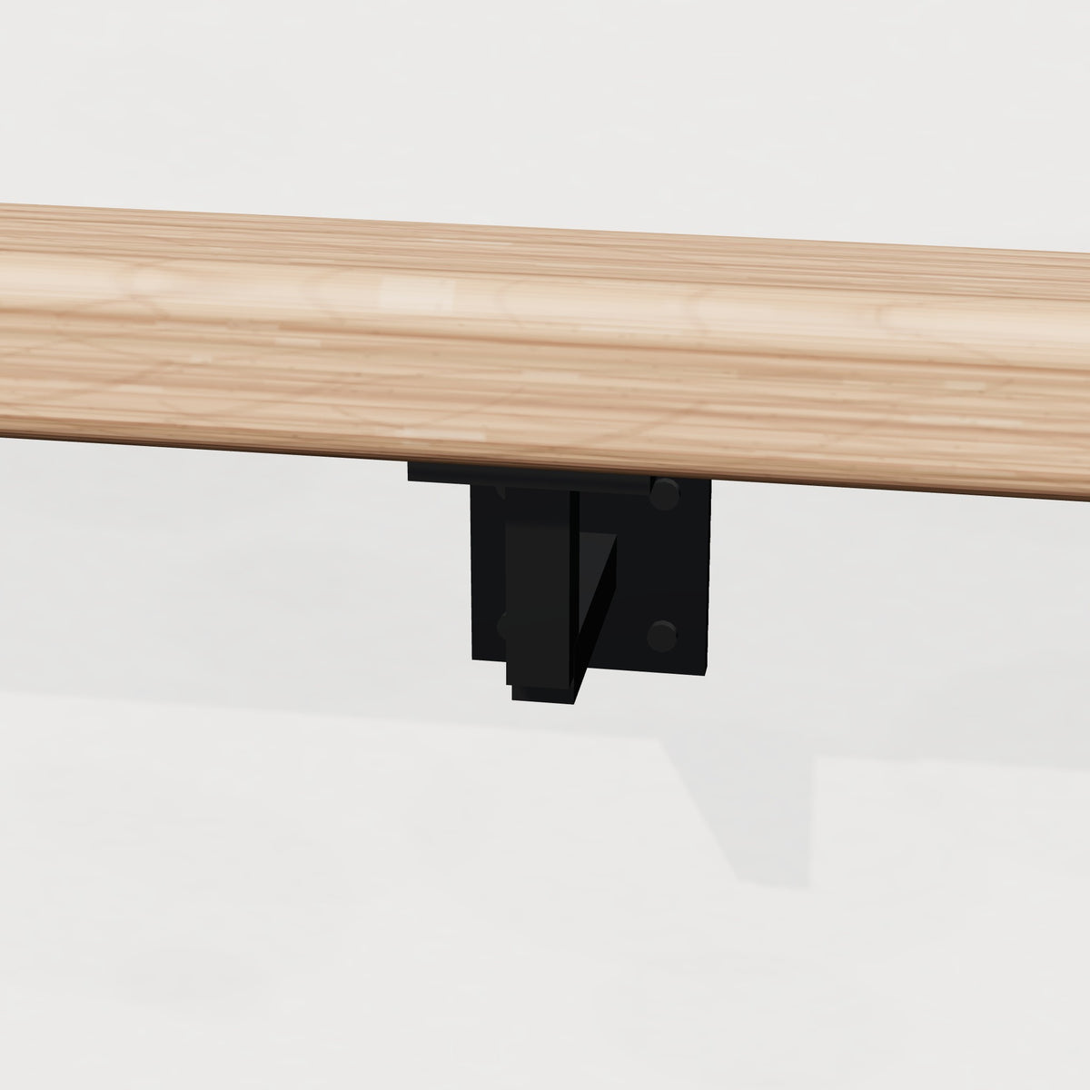 Close-up of black steel handrail bracket under white oak rail