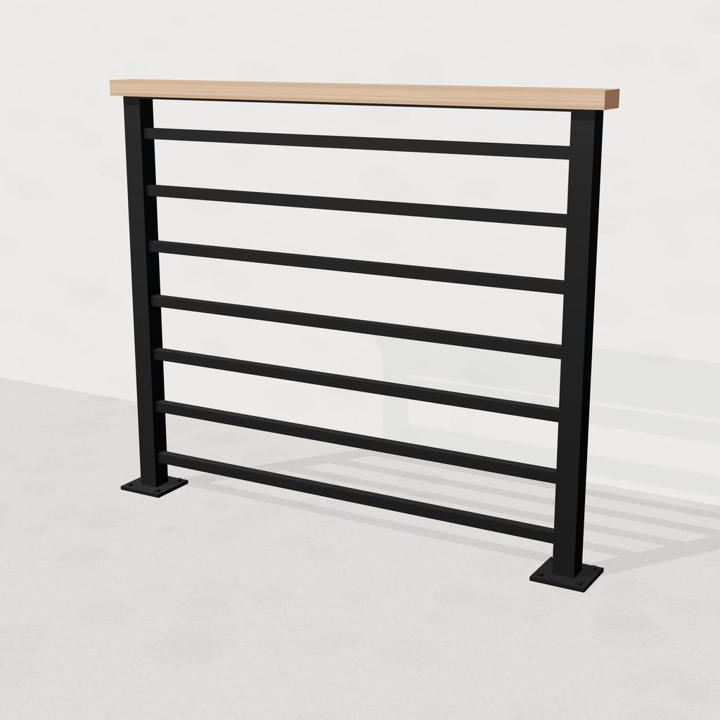 42-inch tall horizontal steel guardrail with white oak top rail